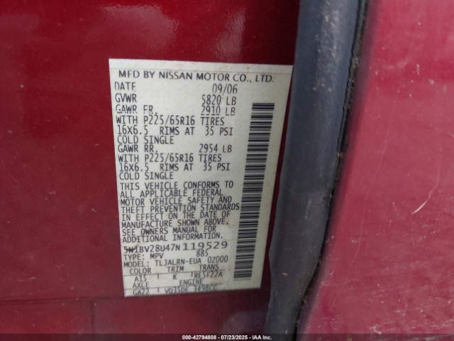 2007 NISSAN QUEST 5N1BV28U47N119529 Photo 8