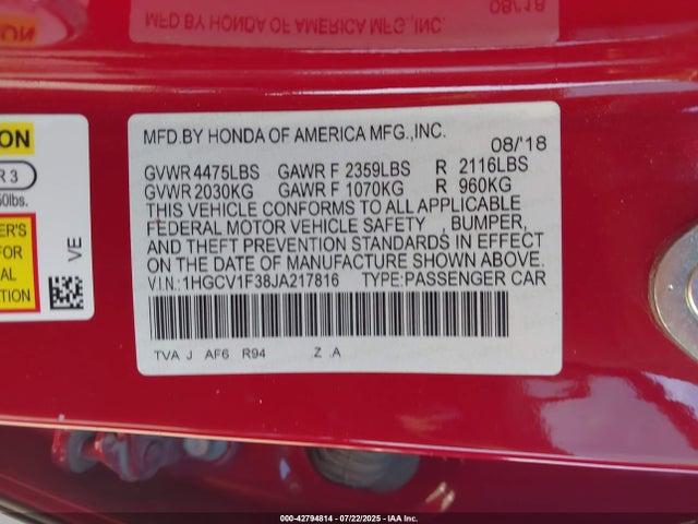 1HGCV1F38JA217816 Honda l15be