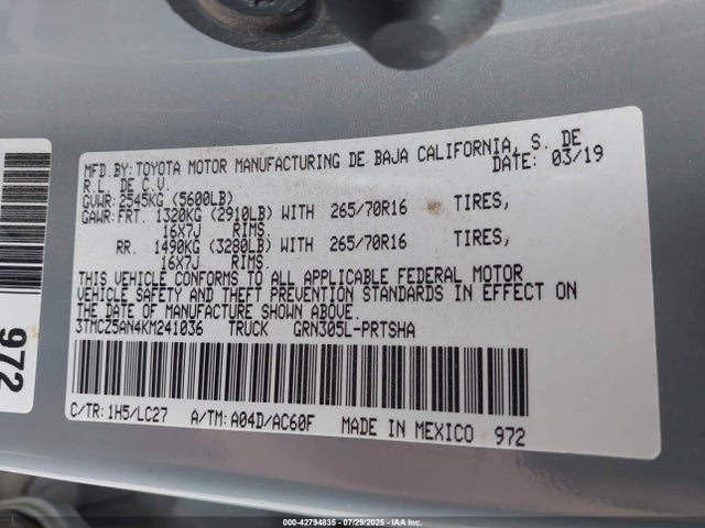 3TMCZ5AN4KM241036 Toyota 2gr-fks