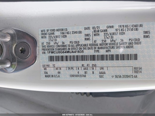 1FMCU0G64MUA41835 Ford dragon di tc
