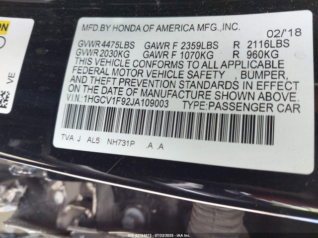 1HGCV1F92JA109003 Honda l15be