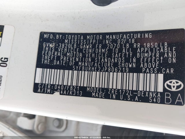 5YFBURHE2JP806219 Toyota 2zr-fe
