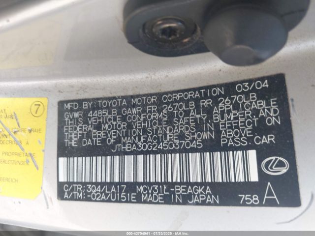 2004 LEXUS ES 330 JTHBA30G245037045 Photo 8