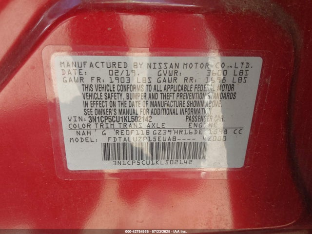 3N1CP5CU1KL502142 Nissan 2019