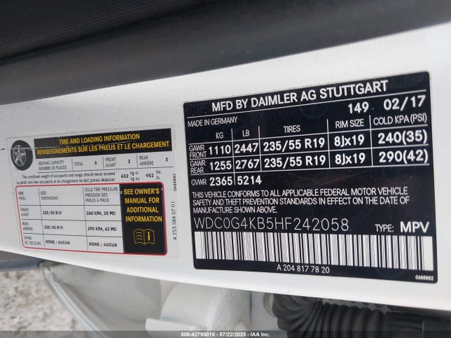 WDC0G4KB5HF242058 Mercedes-Benz m274