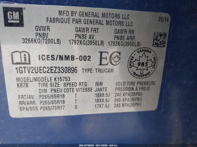 1GTV2UEC2EZ330896 GMC l83 - vvt, afm (active fuel management), aluminum