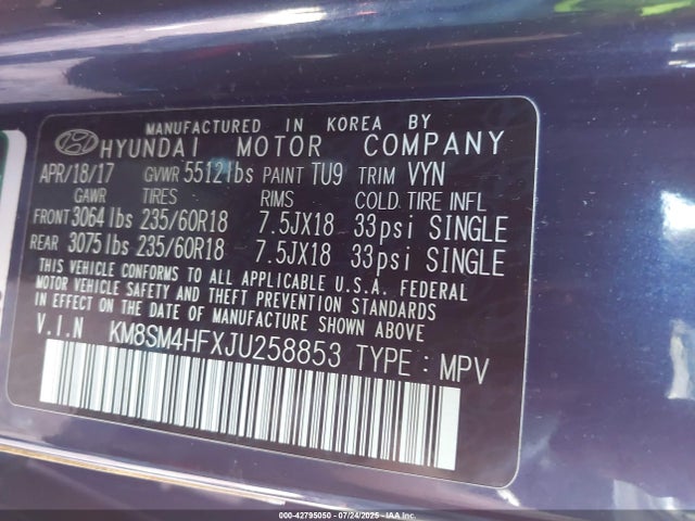 Aukcja sprzedaży 2018 Hyundai Santa Fe Se, vin: KM8SM4HFXJU258853, numer aukcji: 42795050