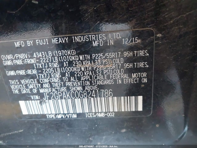 JF2GPAKC0G8241786 Subaru naturally aspirated