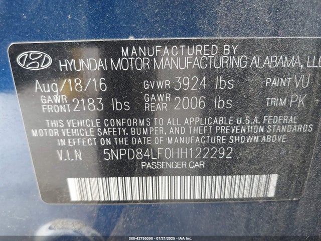 5NPD84LF0HH122292 Hyundai 2017