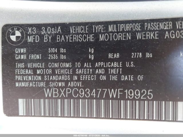 2007 BMW X3 WBXPC93477WF19925 Photo 8