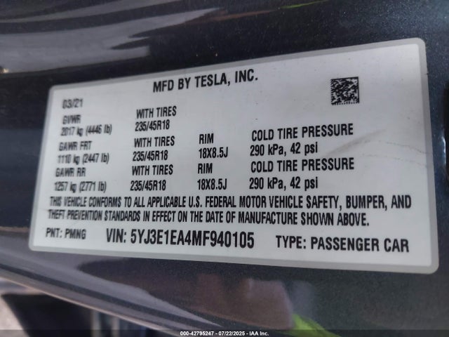 2021 TESLA MODEL 3 5YJ3E1EA4MF940105 Photo 8