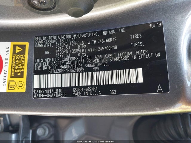 5TDJZRFH1KS621663 Toyota 2gr-fks