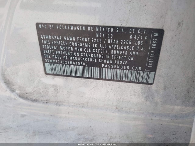 Aukcja sprzedaży 2014 Volkswagen Jetta Sportwagen 2.5l S, vin: 3VWPP7AJ2EM619808, numer aukcji: 42795343