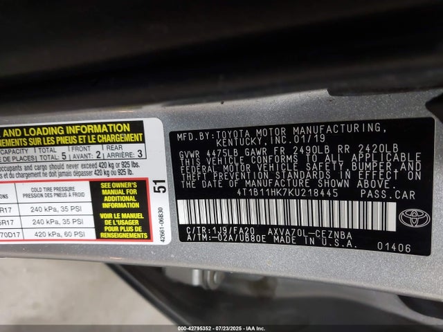 Toyota a25a-fks 2019 4T1B11HK7KU218445 Image 9
