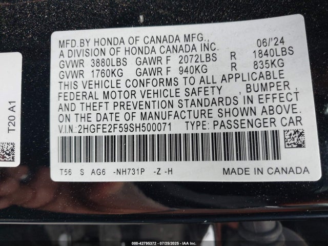 Honda k20c9 2025 2HGFE2F59SH500071 Image 9