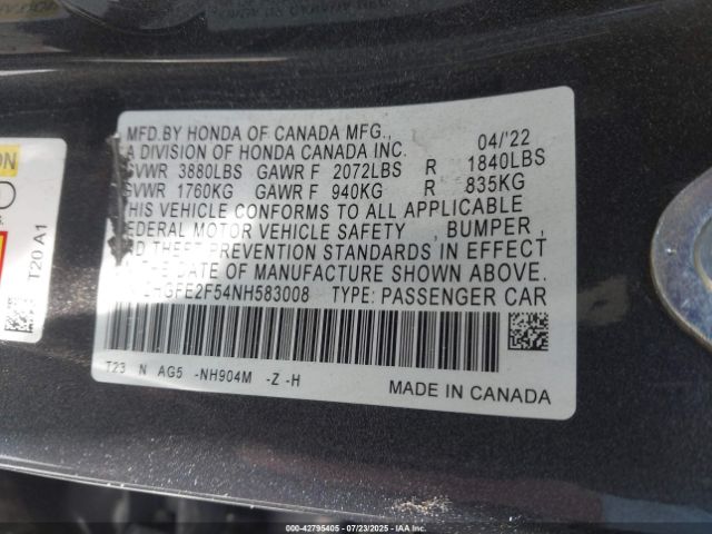 2022 HONDA CIVIC 2HGFE2F54NH583008 Photo 8