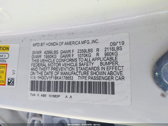 1HGCV1F18KA176653 Honda l15be