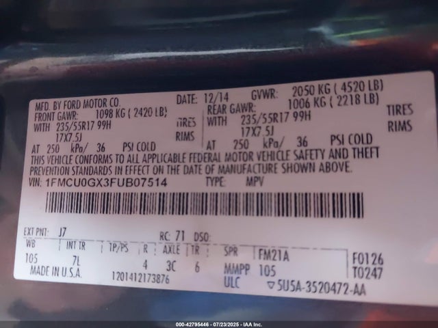 1FMCU0GX3FUB07514 Ford 2015
