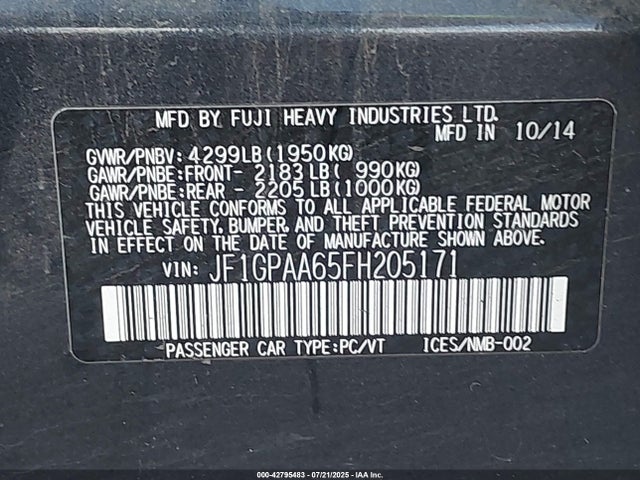 Subaru 2.0l na 2015 JF1GPAA65FH205171 Image 9