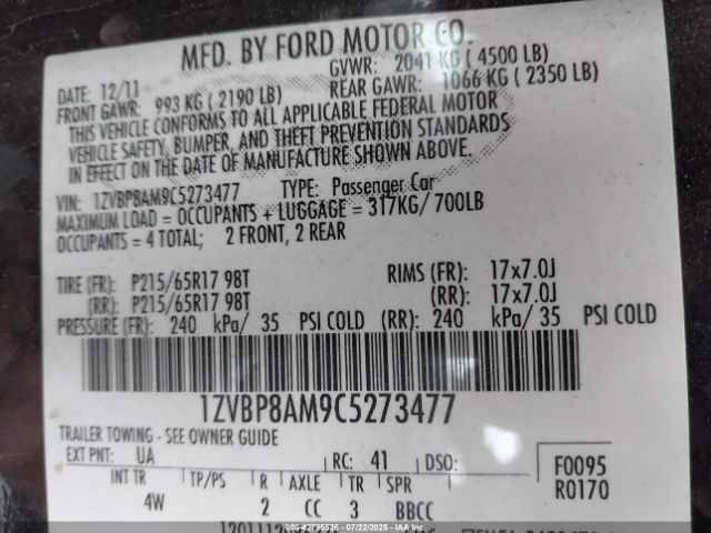 2012 FORD MUSTANG 1ZVBP8AM9C5273477 Photo 8