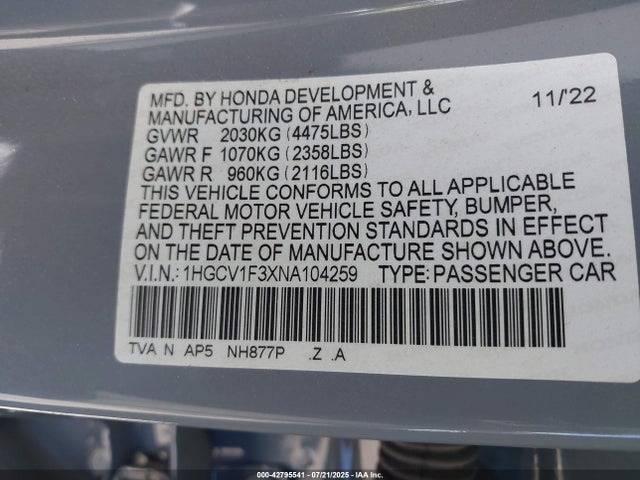 1HGCV1F3XNA104259 Honda l15be