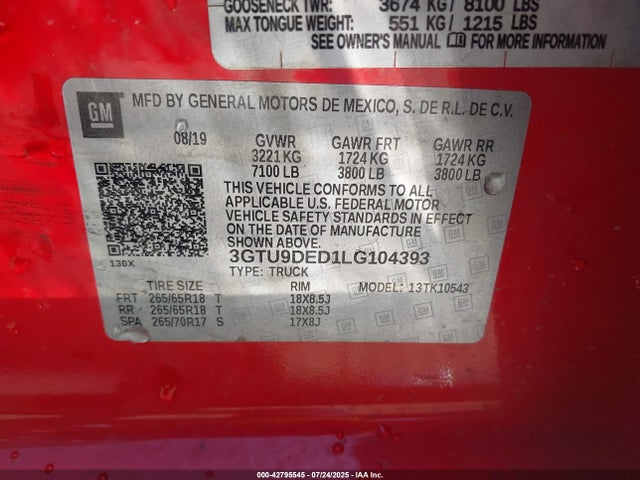 3GTU9DED1LG104393 GMC l84 - di, dfm, alum, gen 5, var 2