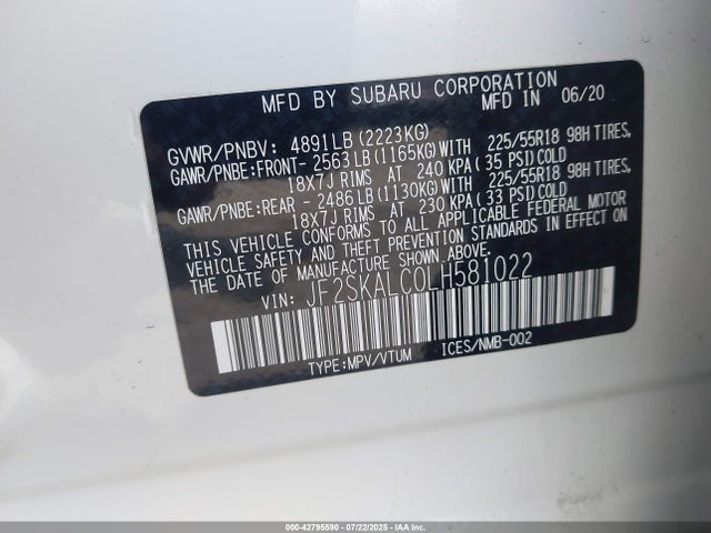 JF2SKALC0LH581022 Subaru naturally aspirated u5