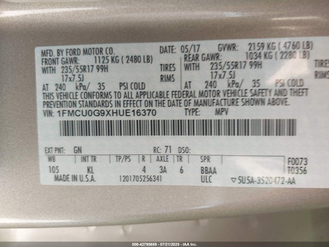 1FMCU0G9XHUE16370 Ford 2017
