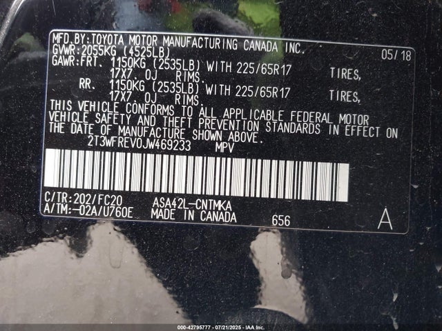 2T3WFREV0JW469233 Toyota 2ar-fe