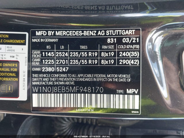 42795836 :رقم المزاد ، W1N0J8EB5MF948170 vin ، 2021 Mercedes-benz Glc 300 4matic Coupe مزاد بيع