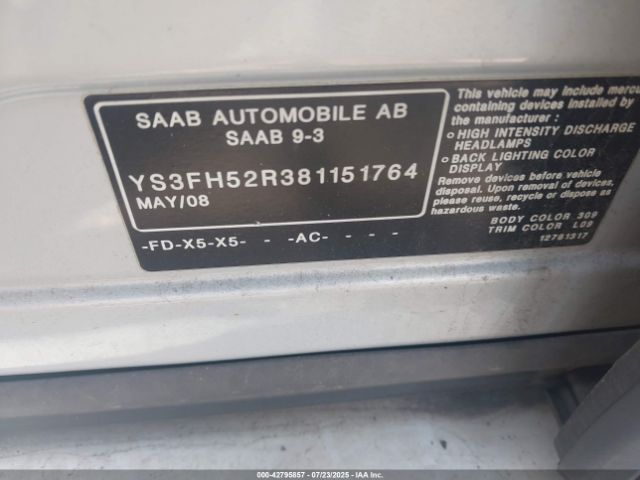 2008 SAAB 9-3 YS3FH52R381151764 Photo 8