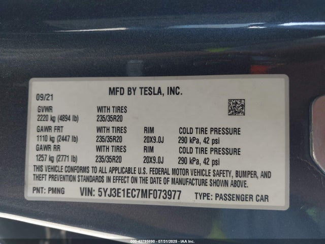 2021 TESLA MODEL 3 5YJ3E1EC7MF073977 Photo 8