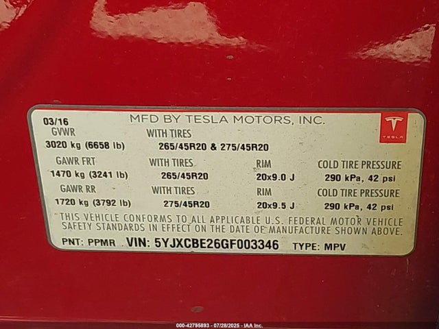 2016 TESLA MODEL X 5YJXCBE26GF003346 Photo 8