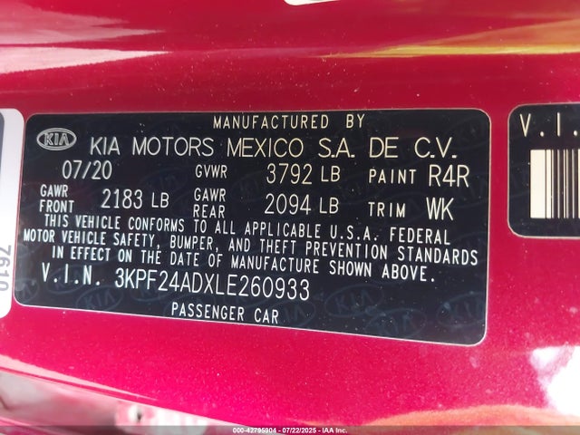 3KPF24ADXLE260933 KIA mpi nu