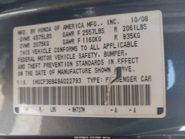 2009 HONDA ACCORD SDN 1HGCP36849A022793 Photo 8
