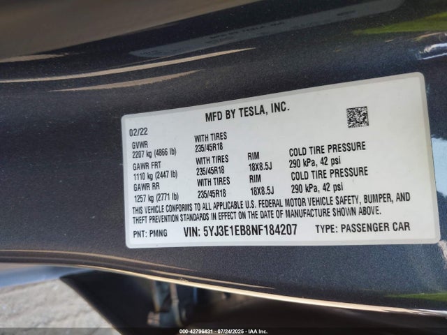2022 TESLA MODEL 3 5YJ3E1EB8NF184207 Photo 8