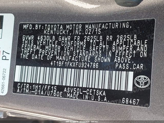 2015 TOYOTA CAMRY 4T1BF1FKXFU924786 Photo 8