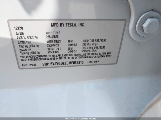 2021 TESLA MODEL Y 5YJYGDEE3MF087815 Photo 8