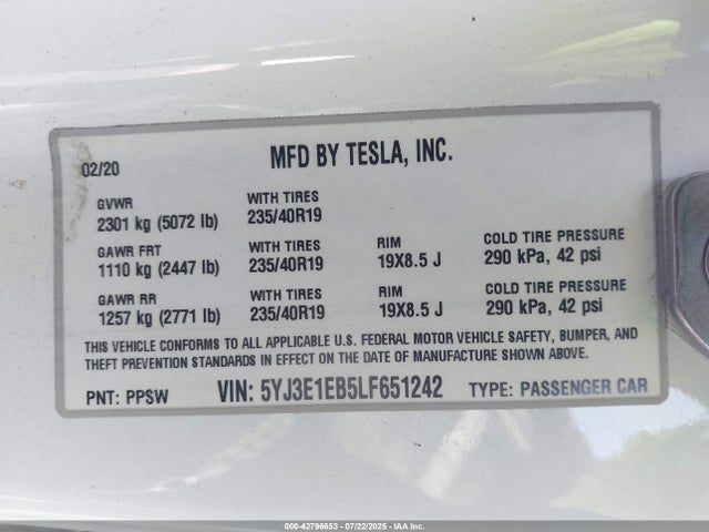 2020 TESLA MODEL 3 5YJ3E1EB5LF651242 Photo 8
