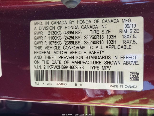 2HKRW2H89KH662578 Honda l15be