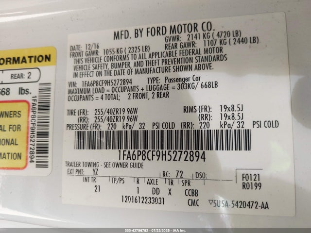 Ford 5.0l 4v premium fuel 2017 1FA6P8CF9H5272894 Image 9