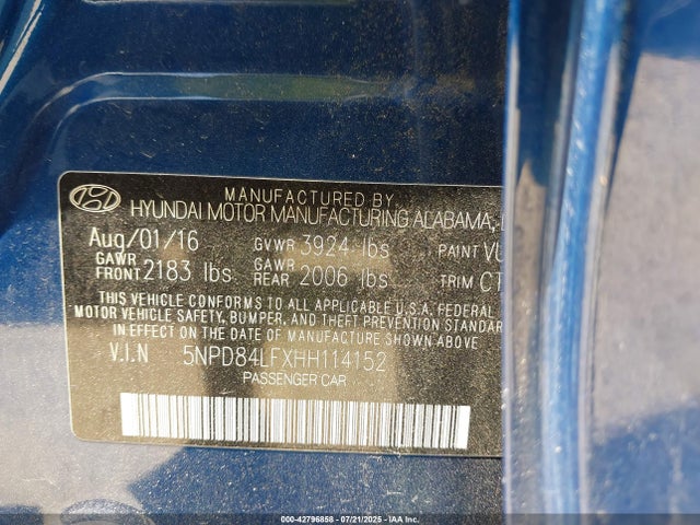 5NPD84LFXHH114152 Hyundai 2017