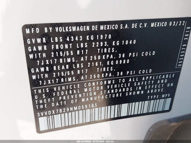 3VVDX7B29NM059185 Volkswagen tsi