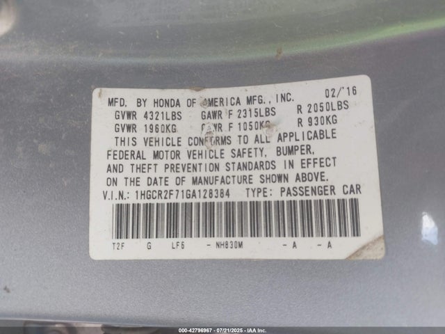 1HGCR2F71GA128384 Honda k24w1