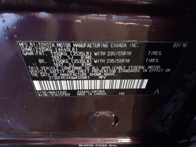 2T3DFREV4GW450961 Toyota 2ar-fe