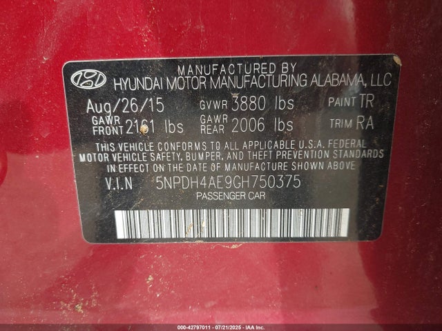 5NPDH4AE9GH750375 Hyundai dohc mpi nu