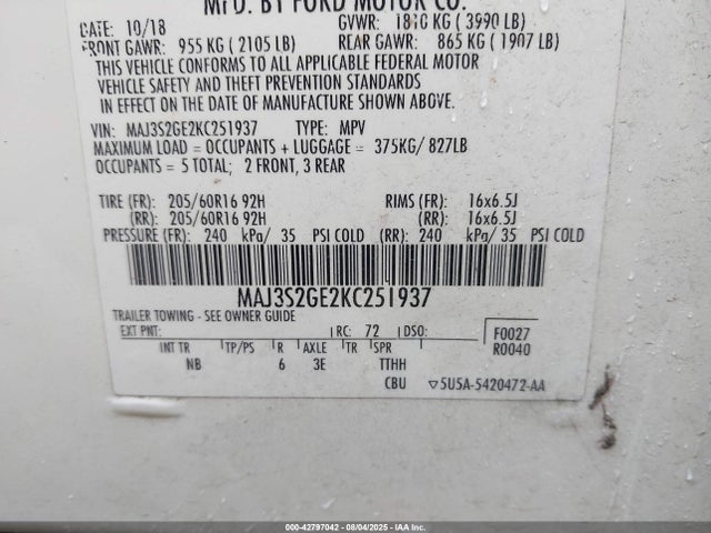 MAJ3S2GE2KC251937 Ford 2019