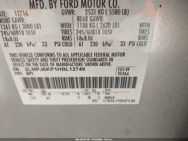 2LMPJ6KP1HBL12749 Lincoln 2.7l gtdi