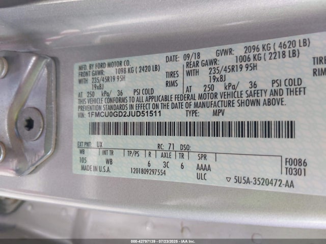 1FMCU0GD2JUD51511 Ford 1.5l gtdi sigma w/premium fuel