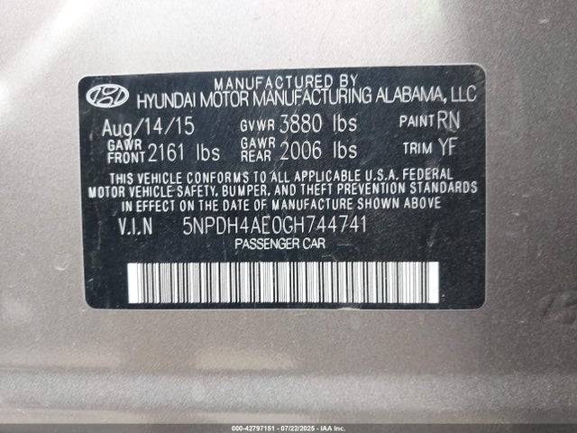 Hyundai dohc mpi nu 2016 5NPDH4AE0GH744741 Image 9